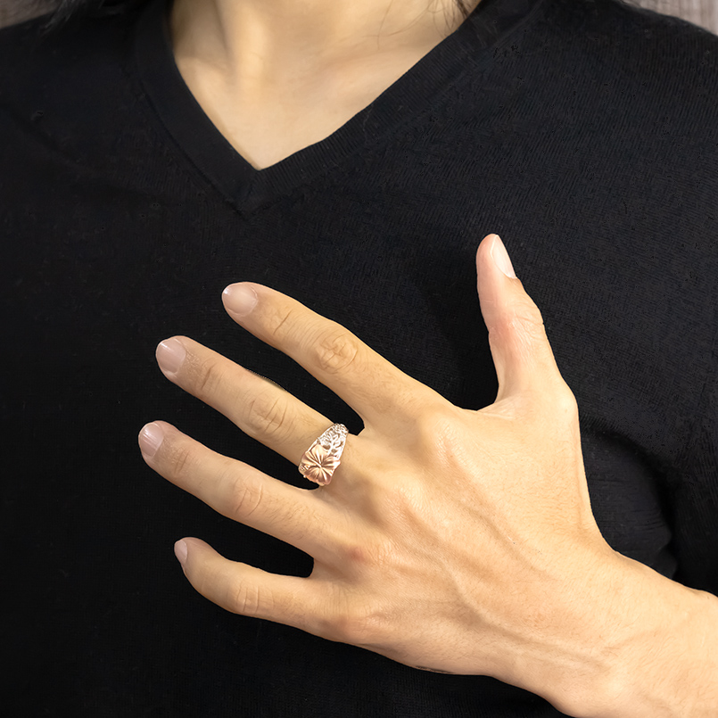 プラチナ 18金 リング メンズ ダイヤモンド ハワイアンジュエリー 太め 幅広 pt900 ゴールド 18k 透かし コンビ 指輪 婚約指輪 ピンキーリング 送料無料 saleの画像