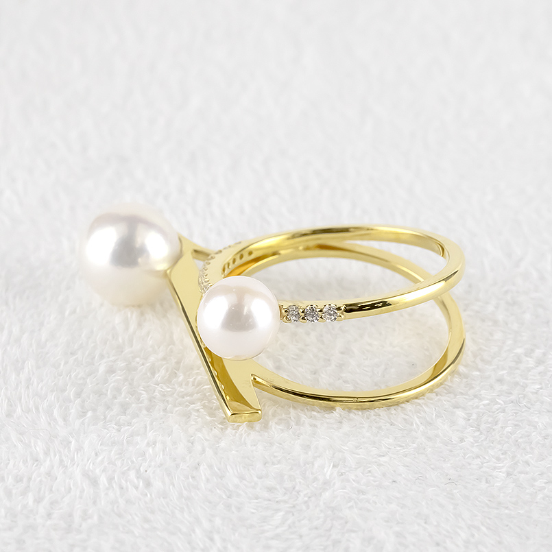 18金 リング ダイヤモンド パール 真珠 2連 ゴールド 18k アコヤ あこや真珠 婚約指輪 ピンキーリング シンプル フォーマル 男女兼用 送料無料 セール saleの画像
