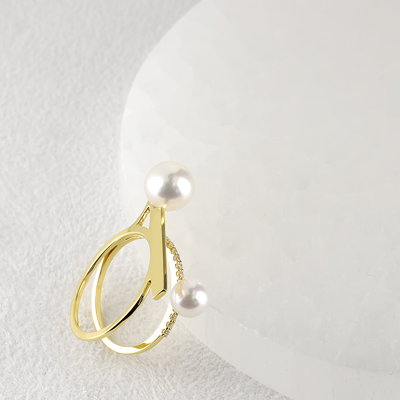 18金 リング ダイヤモンド パール 真珠 2連 ゴールド 18k アコヤ あこや真珠 婚約指輪 ピンキーリング シンプル フォーマル 男女兼用 送料無料 セール saleの画像