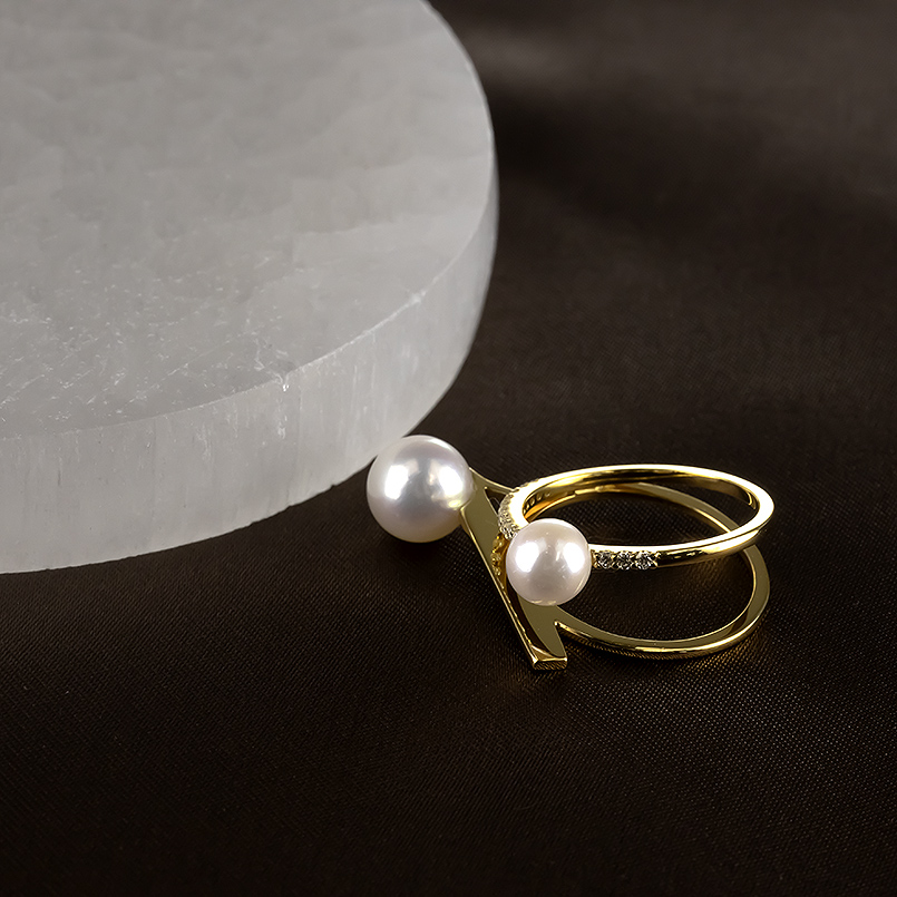18金 リング ダイヤモンド パール 真珠 2連 ゴールド 18k アコヤ あこや真珠 婚約指輪 ピンキーリング シンプル フォーマル 男女兼用 送料無料 セール saleの画像