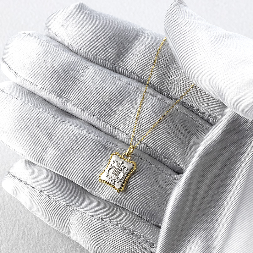 純金 プラチナ ネックレス pt999 レリーフ柄 ペンダントトップ レディース コンビ 金 ゴールド 24k 純プラチナ ハープ トップ ゴールド 送料無料 セール saleの画像