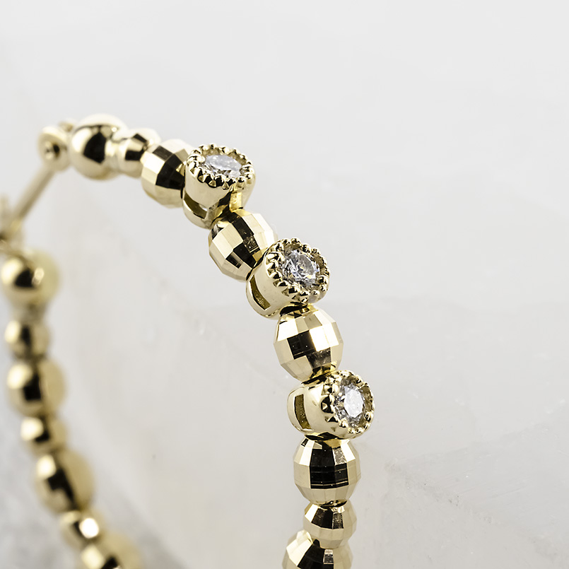 18金 フープピアス ダイヤモンド 0.12ct レディース ミラーボール 大ぶり ゴールド18k ピアス フープ ペア イエローゴールドk18 あすつく 送料無料 セール saleの画像