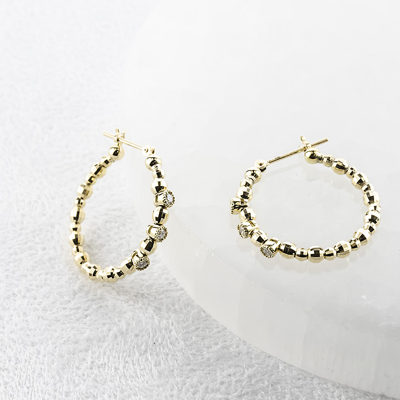 18金 フープピアス ダイヤモンド 0.12ct レディース ミラーボール 大ぶり ゴールド18k ピアス フープ ペア イエローゴールドk18 あすつく 送料無料 セール saleの画像