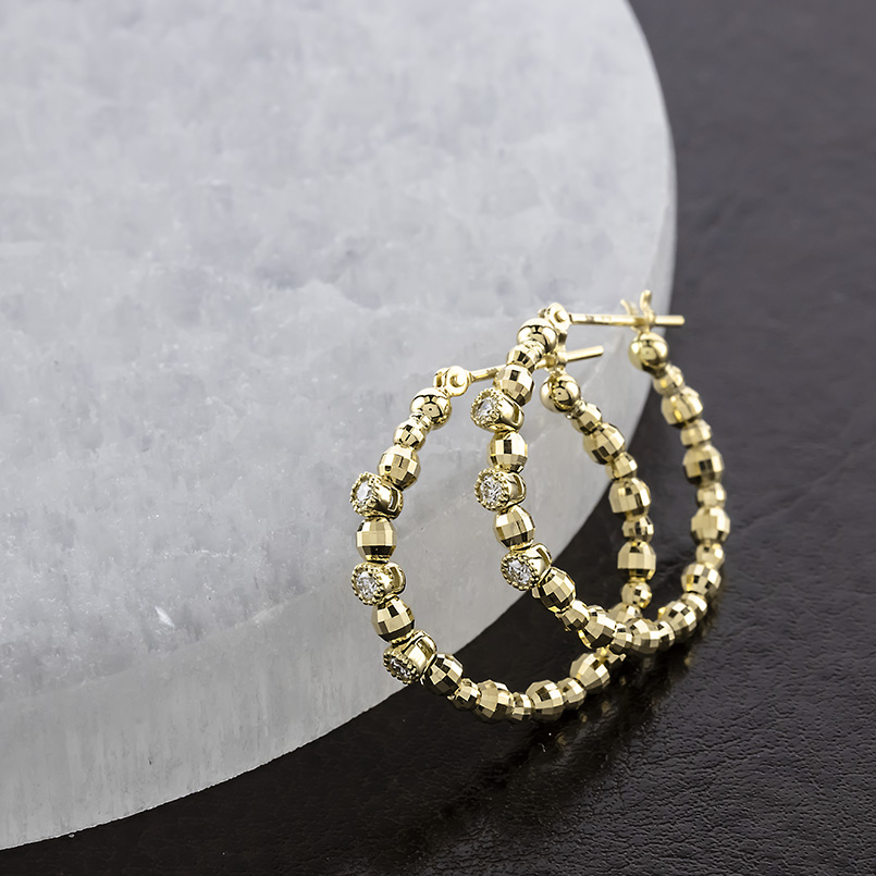 18金 フープピアス ダイヤモンド 0.12ct レディース ミラーボール 大ぶり ゴールド18k ピアス フープ ペア イエローゴールドk18 あすつく 送料無料 セール saleの画像