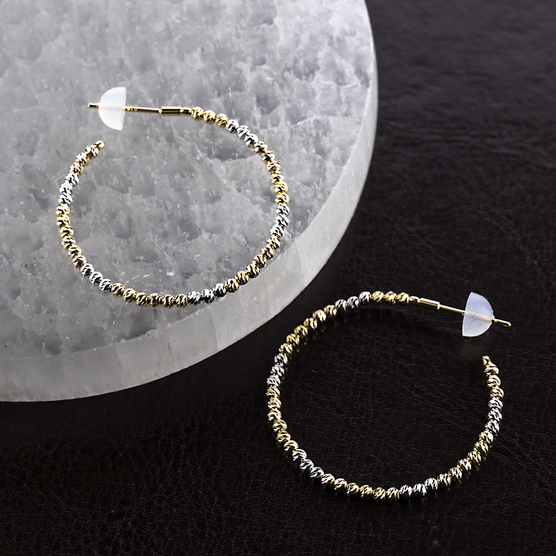 18金 フープピアス ミラーボール 大ぶり レディース 形状記憶 ゴールド 18k イエロー ピンク ホワイト コンビ ピアス フープ ペア スタッドピアス あすつく saleの画像