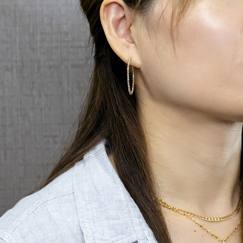 18金 フープピアス ミラーボール 大ぶり レディース 形状記憶 ゴールド 18k イエロー ピンク ホワイト コンビ ピアス フープ ペア スタッドピアス あすつく saleの画像