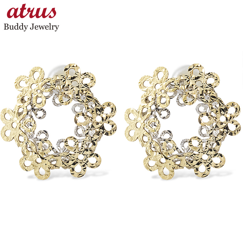 18金 ピアス フラワー 花 透かし 大ぶり ゴールド 18k イエロー ホワイト コンビ ピアス ペア スタッドピアス あすつく 男女兼用 送料無料 セール 爆買
