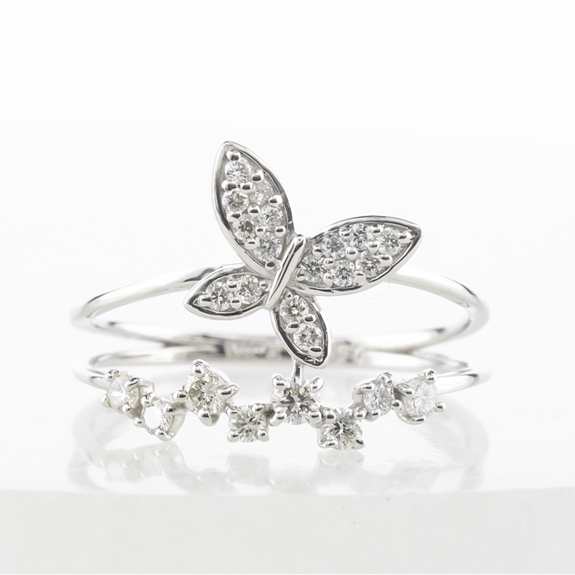 プラチナ リング 蝶 ダイヤモンド 0.30ct 2連 pt900 指輪 ピンキーリング 婚約指輪 バタフライ 人気 シンプル おしゃれ 送料無料 男女兼用 セール saleの画像