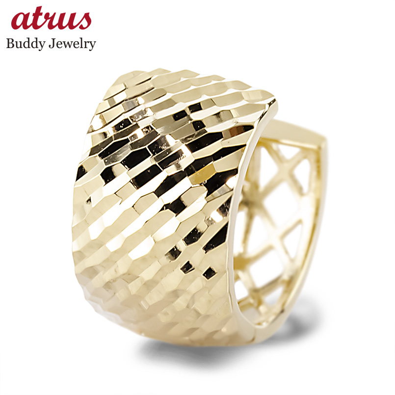 18金 フープピアス メンズ 片耳 中折れ式 ピアス 幅広 透かし ゴールド 18k ミラーカット イエローゴールドk18 地金 シンプル あすつく 送料無料 セール 爆買