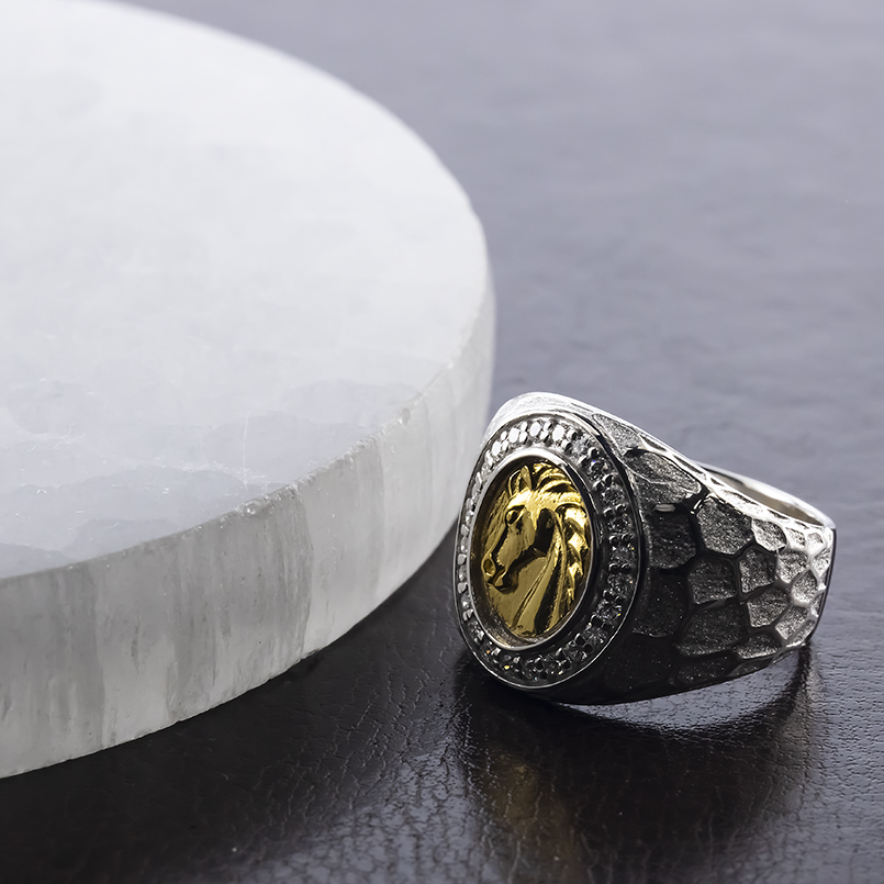 24金 シルバー 印台 リング 純金 馬 ホース ダイヤモンド 0.24ct 幅広 太め sv925 ゴールド 24k コンビ 指輪 金 お守り 男女兼用 送料無料 セール saleの画像