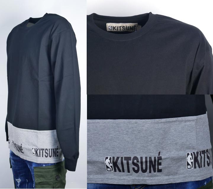 メゾンキツネ Maison Kitsune 長袖 Tシャツ ロンt Nba バイカラー ブラック 丸首 ロゴプリント Spnbm707 Bk グレー 半額 コラボ