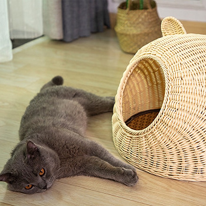 縮緬猫ちゃん柿籠盛り付き 藁から手作り】手作り猫ちぐら（まんまるちぐらM）猫ちぐら工房