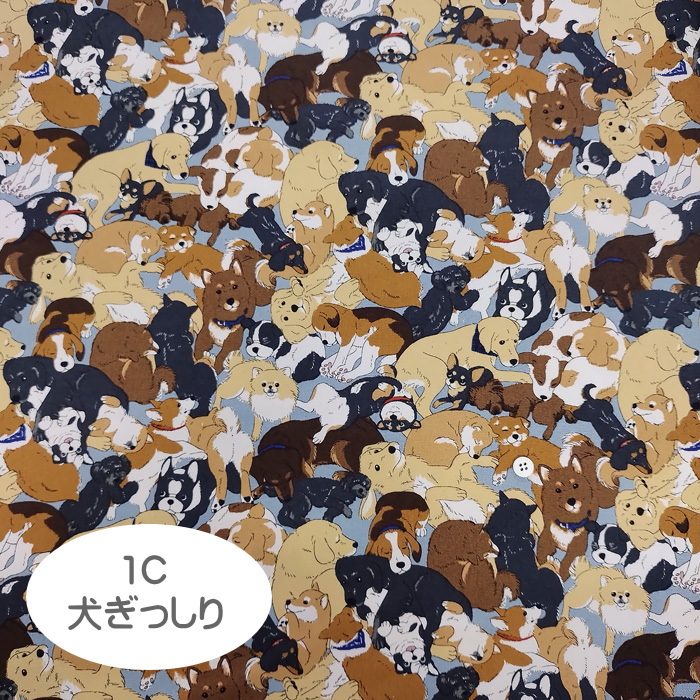 ☆オックス生地/くすみブルーの背景に集まるアニマルたち/わ