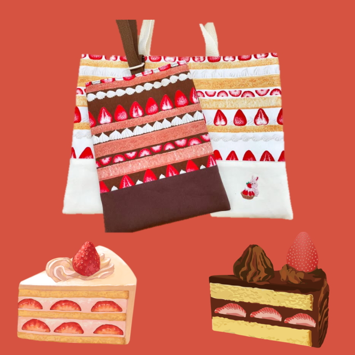 いちごショートケーキ柄オックス生地/ショートケーキのボーダー
