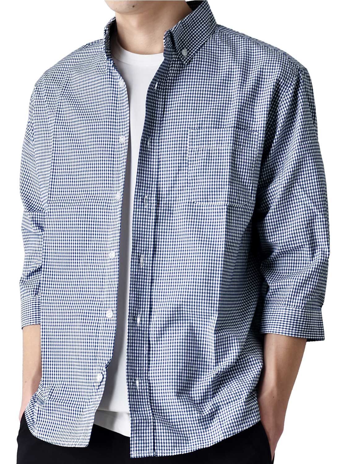 七分袖 シャツ チェック ストライプ ボタンダウン 7分袖 メンズ 送料