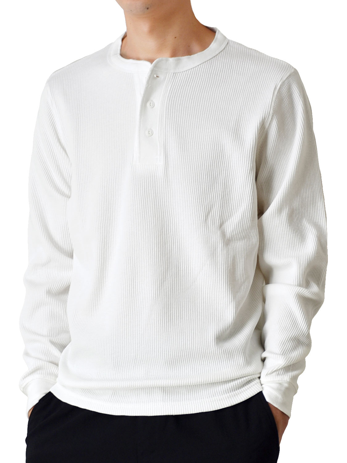 ARONA ワッフル 長袖Tシャツ メンズ ストレッチ ヘンリーネック 無地