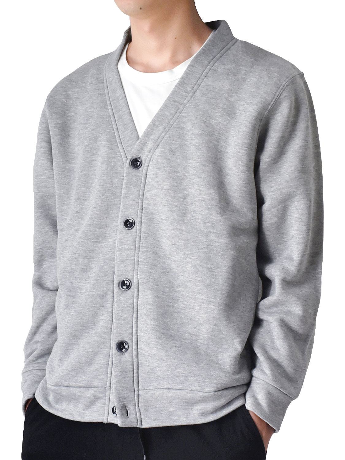 カーディガン メンズ 裏起毛 スウェット素材 ストレッチ 5ボタン V 