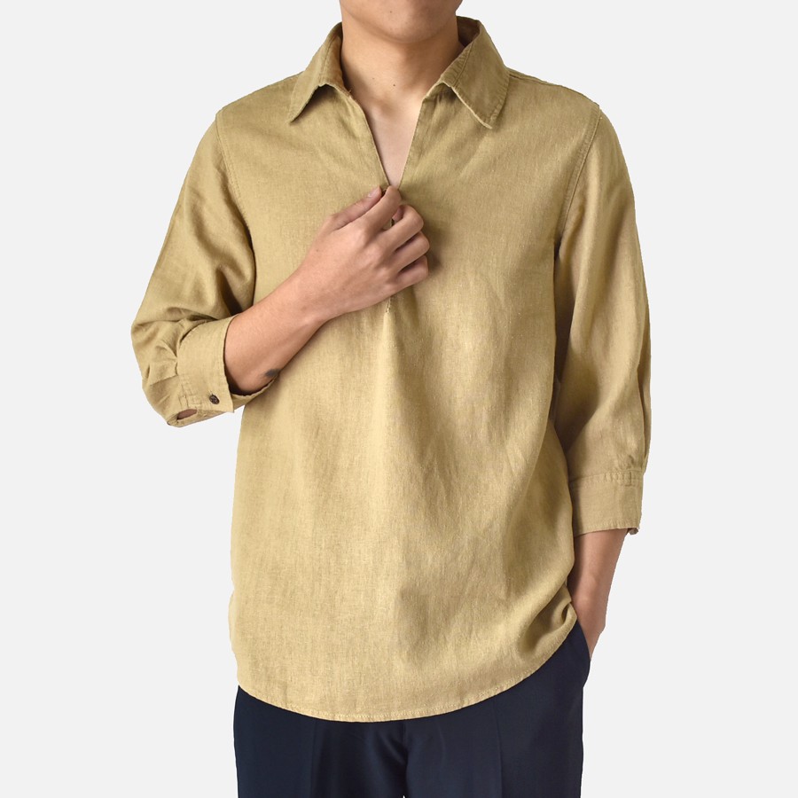 7分袖 カプリシャツ シャツ 麻混 リネンシャツ トップス プル