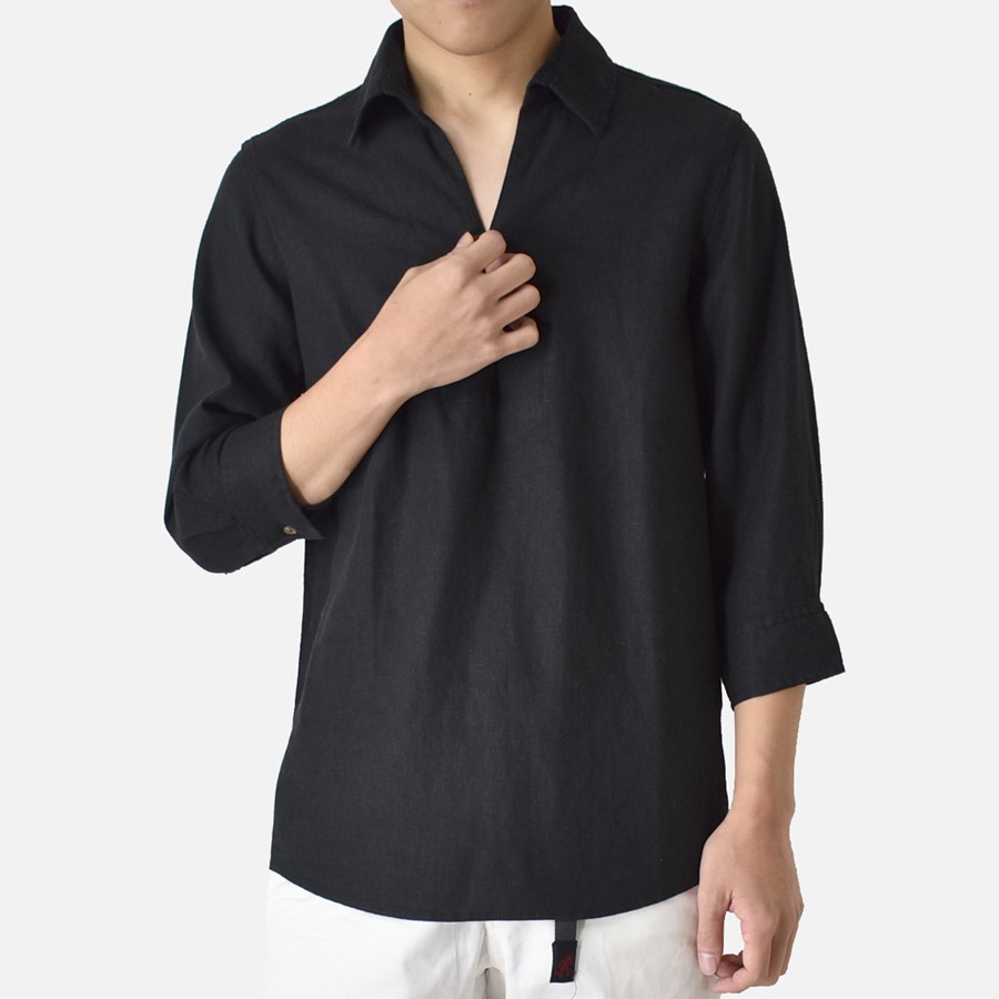 7分袖 カプリシャツ シャツ 麻混 リネンシャツ トップス プルオーバー