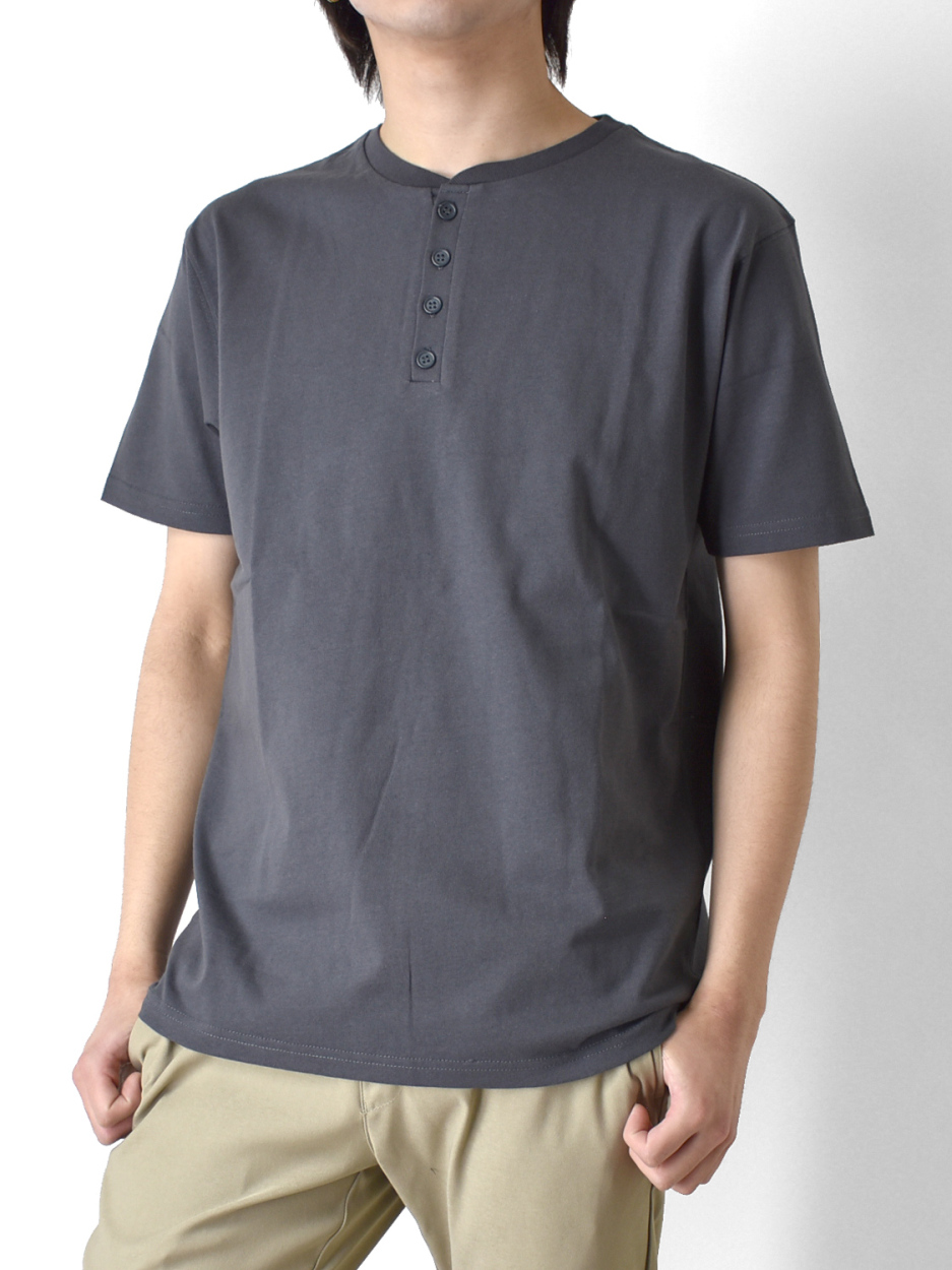 ヘンリーネックTシャツ♡グレー ヘンリーネック キーネック ポケ付き ポケT 父の日 Tシャツ 綿100% USA