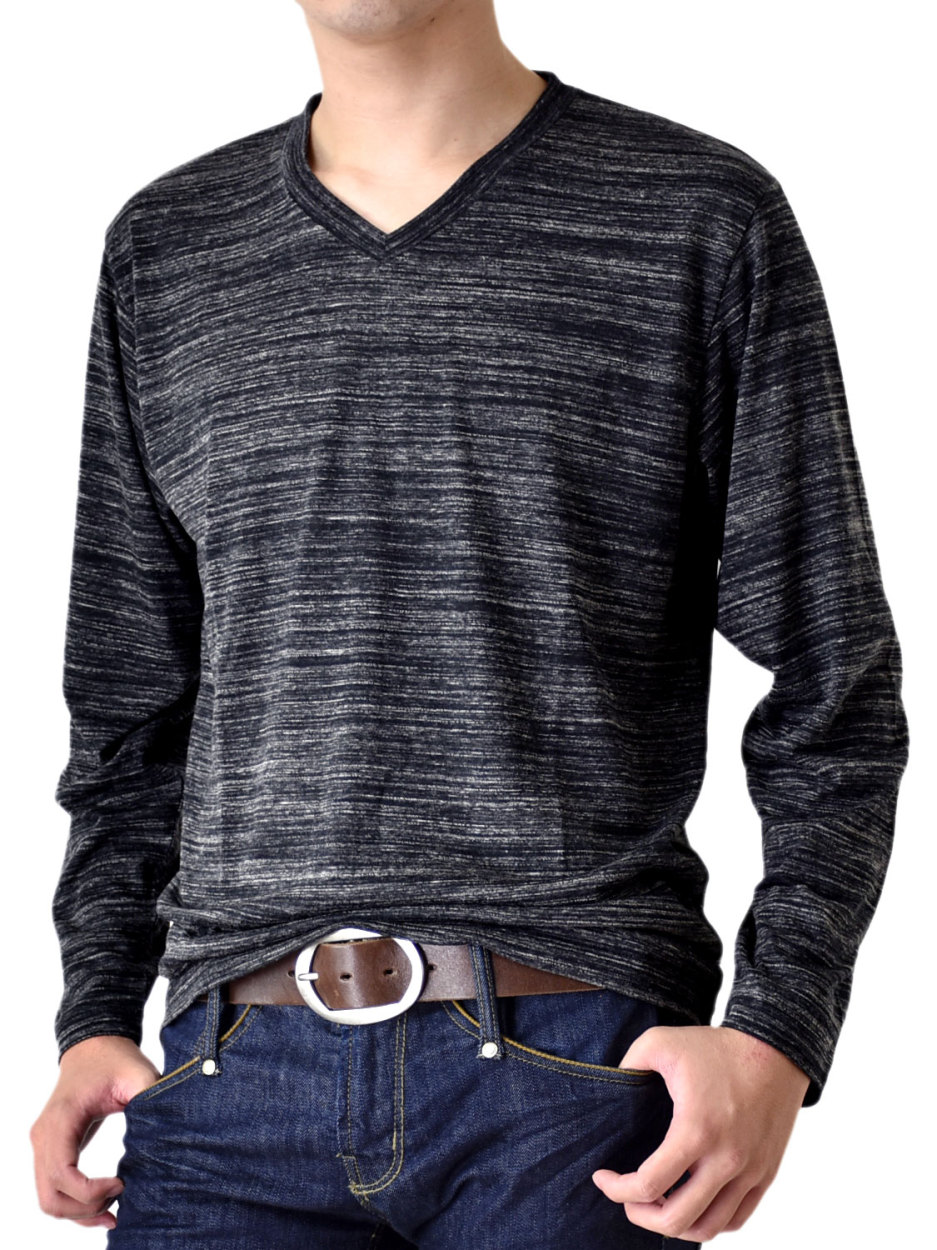 Tシャツ メンズ ストレッチ 杢カラー クルーネック Vネック ロングT 