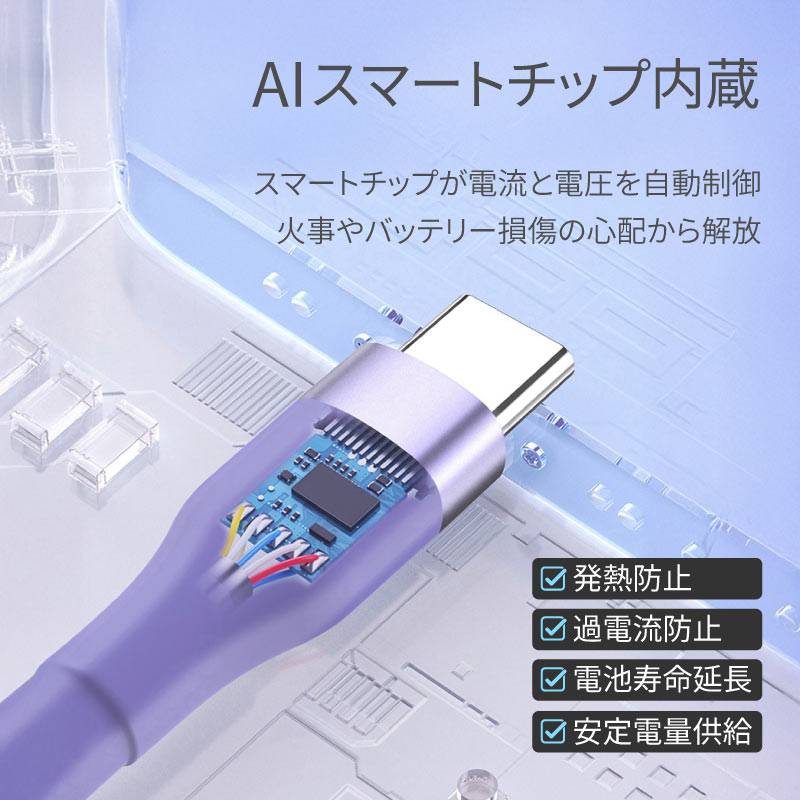 Type-C to Type-Cケーブル 2本セット シリコン USB PD60W タイプCケーブル 2m 1.2m 50cm iPhone android 急速充電 充電器 高速データ転送 付根保護 typec 関連画像3