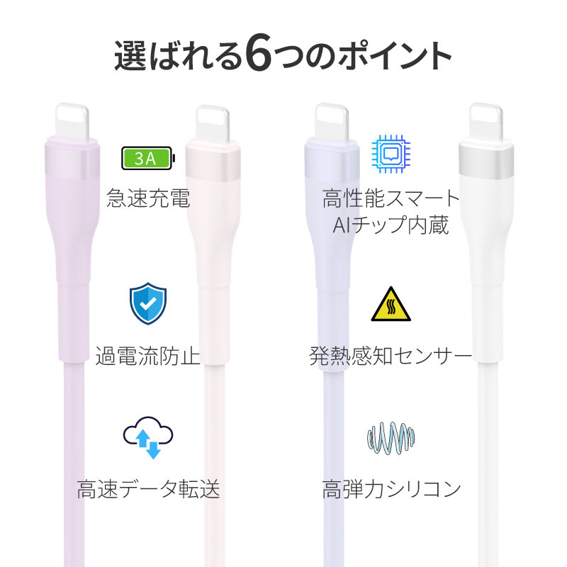 iPhone 充電 ケーブル 2本セット シリコン ライトニングケーブル 急速 lightning USB-A PD12W対応 2m 1.2m 50cm 関連画像1