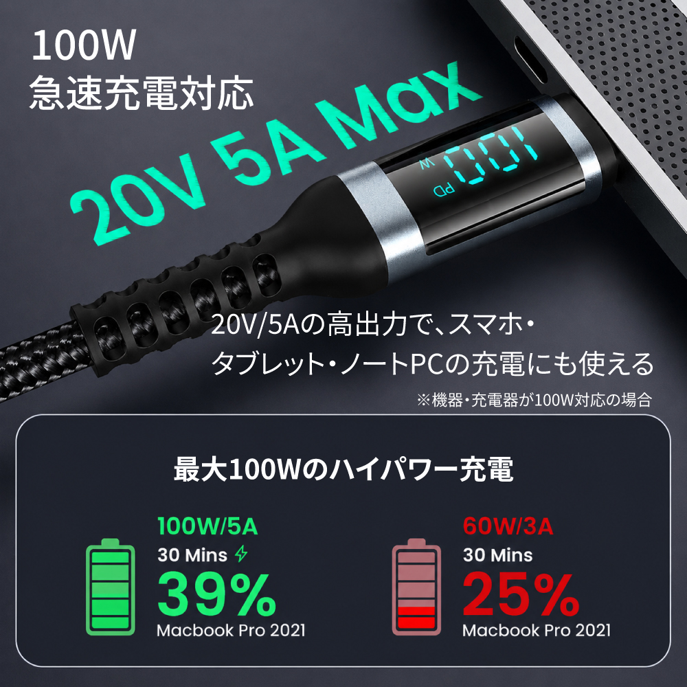 Type-Cケーブル 100W USB-Cケーブル USB PD急速充電 LCD電力表示 Type-C to Type-C C to C タイプCケーブル E-MARKER搭載 480Mbpsデータ転送 高耐久ナイロン編み 関連画像3