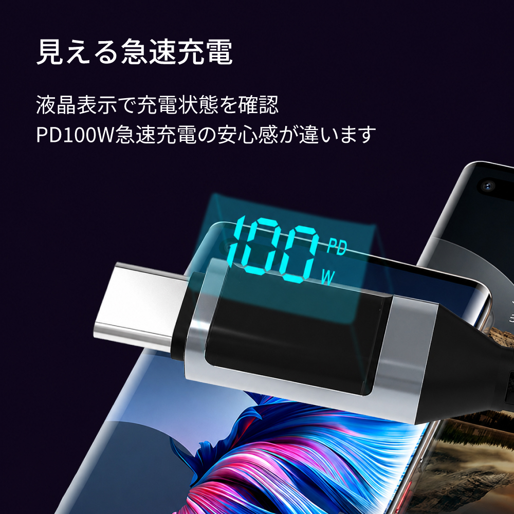 Type-Cケーブル 100W USB-Cケーブル USB PD急速充電 LCD電力表示 Type-C to Type-C C to C タイプCケーブル E-MARKER搭載 480Mbpsデータ転送 高耐久ナイロン編み 関連画像4