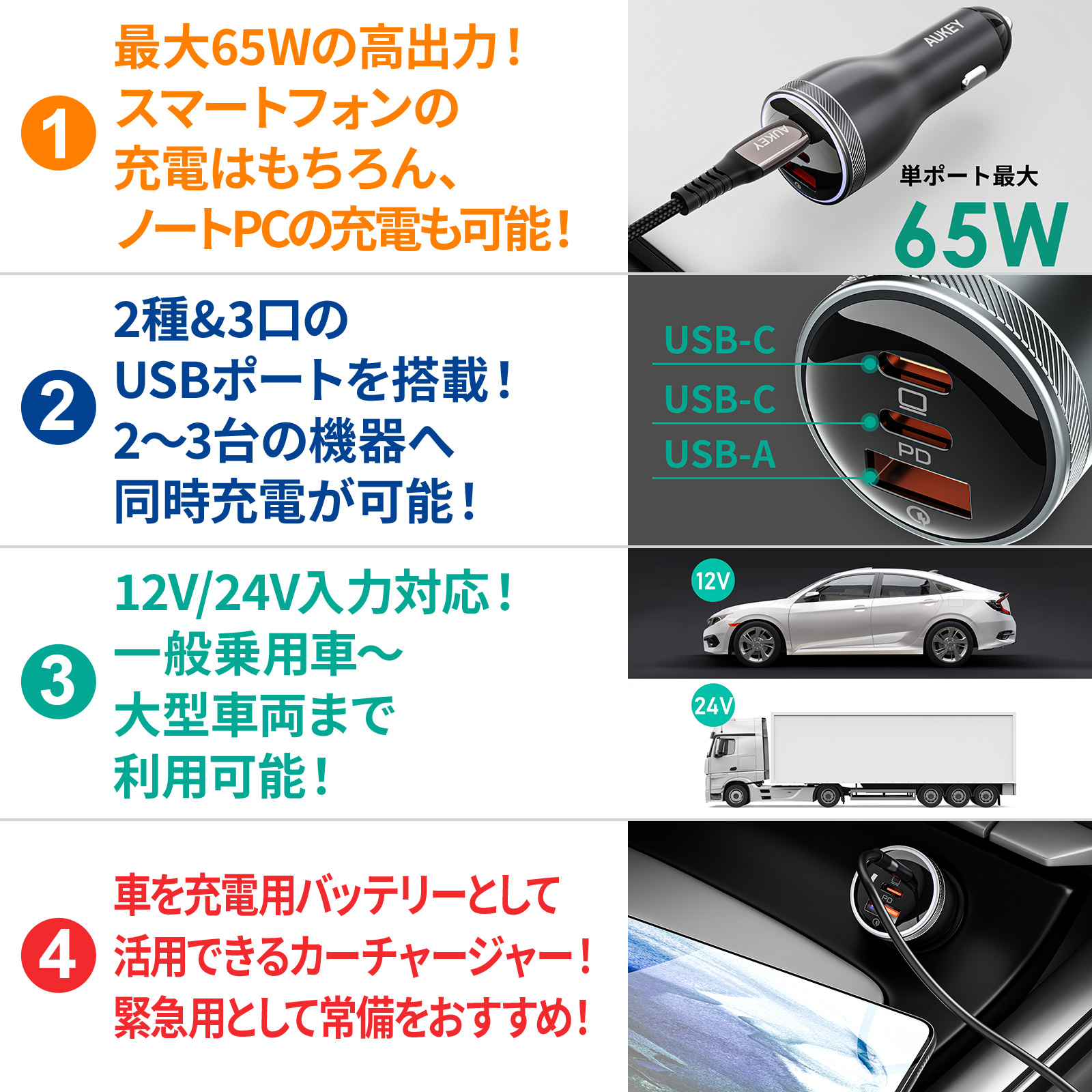 シガーソケット カーチャージャー USB-A USB-C 3ポート 高出力 65W 