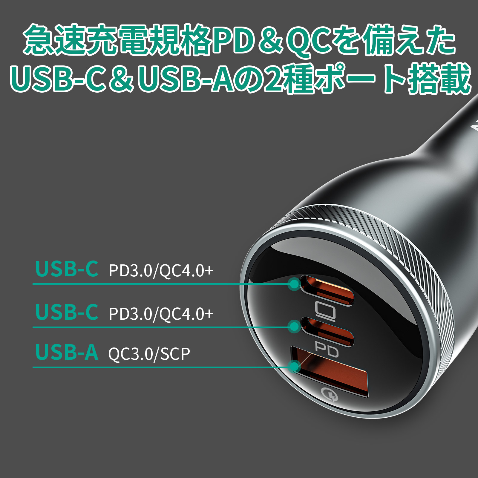 シガーソケット カーチャージャー USB-A USB-C 3ポート 高出力 65W スマホ ノートPC MacBook 3台同時充電 2年保証  AUKEY オーキー Rapide Mix 65W CC-Y24-GY