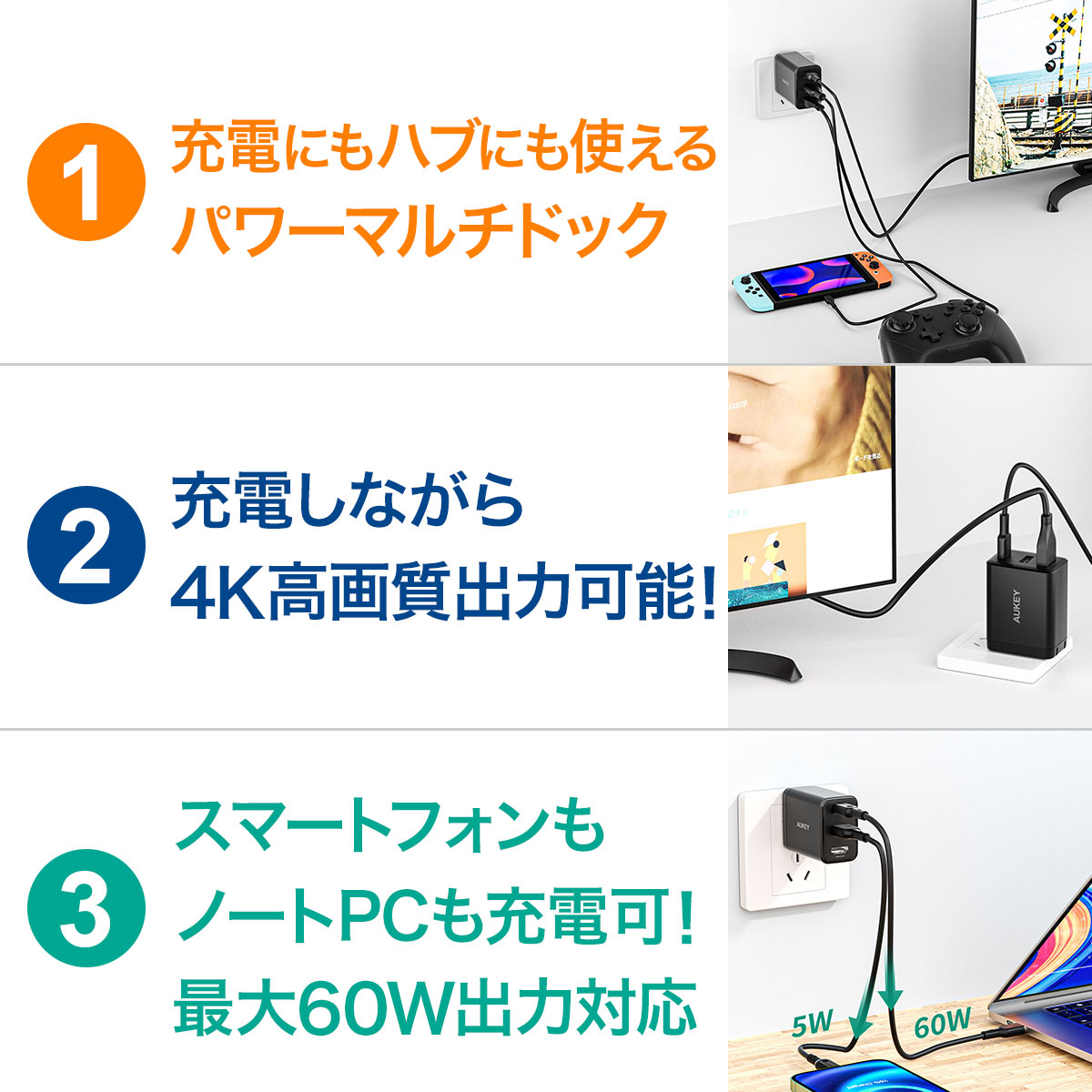 AUKEY　3in1 HDMI USB-C充電器 PA-H60　ブラック bn:9]【送料無料】AUKEY 3in1 HDMI USB-C充電器 PA-H60 ブラック