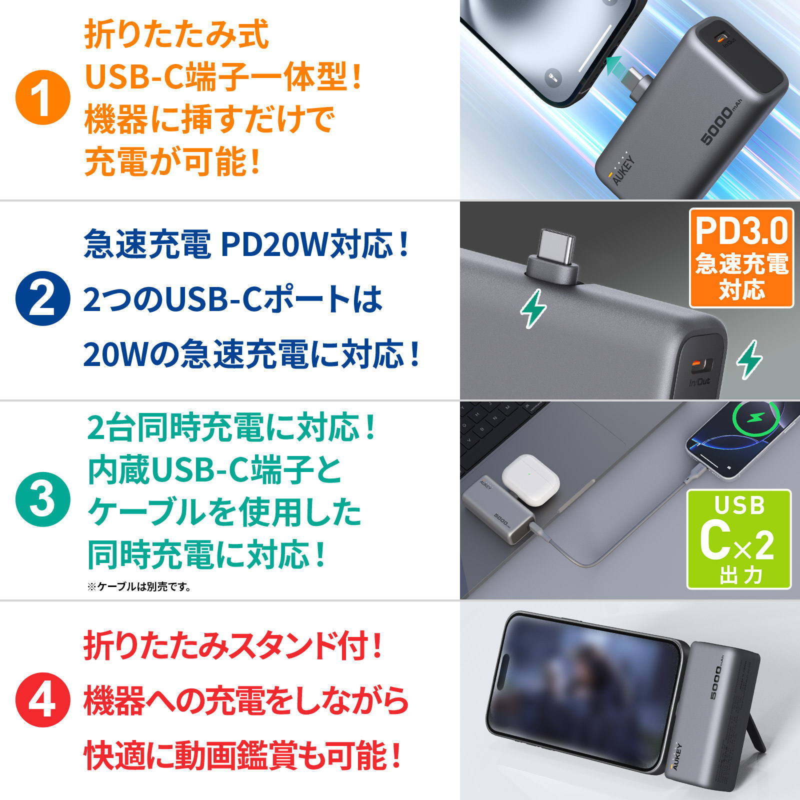 AUKEY Metallic モバイルバッテリー 5000mAh USB-C 直挿し AUKEY Metallic モバイルバッテリー 5000mAh USB-C 直挿し