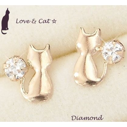 Yahoo! Yahoo!ショッピング(ヤフー ショッピング)ダイヤモンド ピアス 一粒 天然石 10金ピンクゴールド 猫 ねこ ネコ レディース 50代 40代 60代 30代 20代 アニマルモチーフ k10pg 4月誕生石 ギフト 女性用