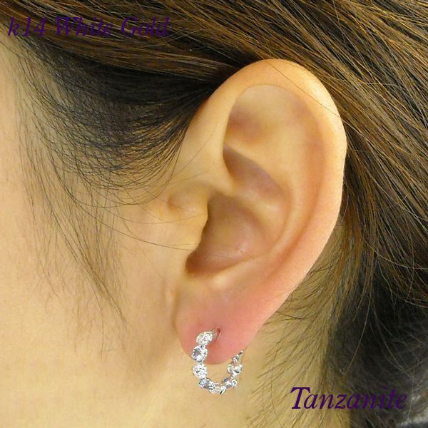 K14WG タンザナイト&キュービックピアス タンザナイト ピアス フープ 14金ホワイトゴールド キュービック