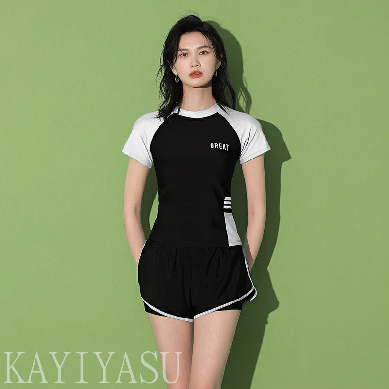 フィットネス水着 水着 レディース 半袖 スポーツ 体型カバー 2点セット ショートパンツ 可愛い 女性用 ラッシュガード 日焼け対策 水陸両用 水泳 ヨガ LHT | ブランド登録なし | 01