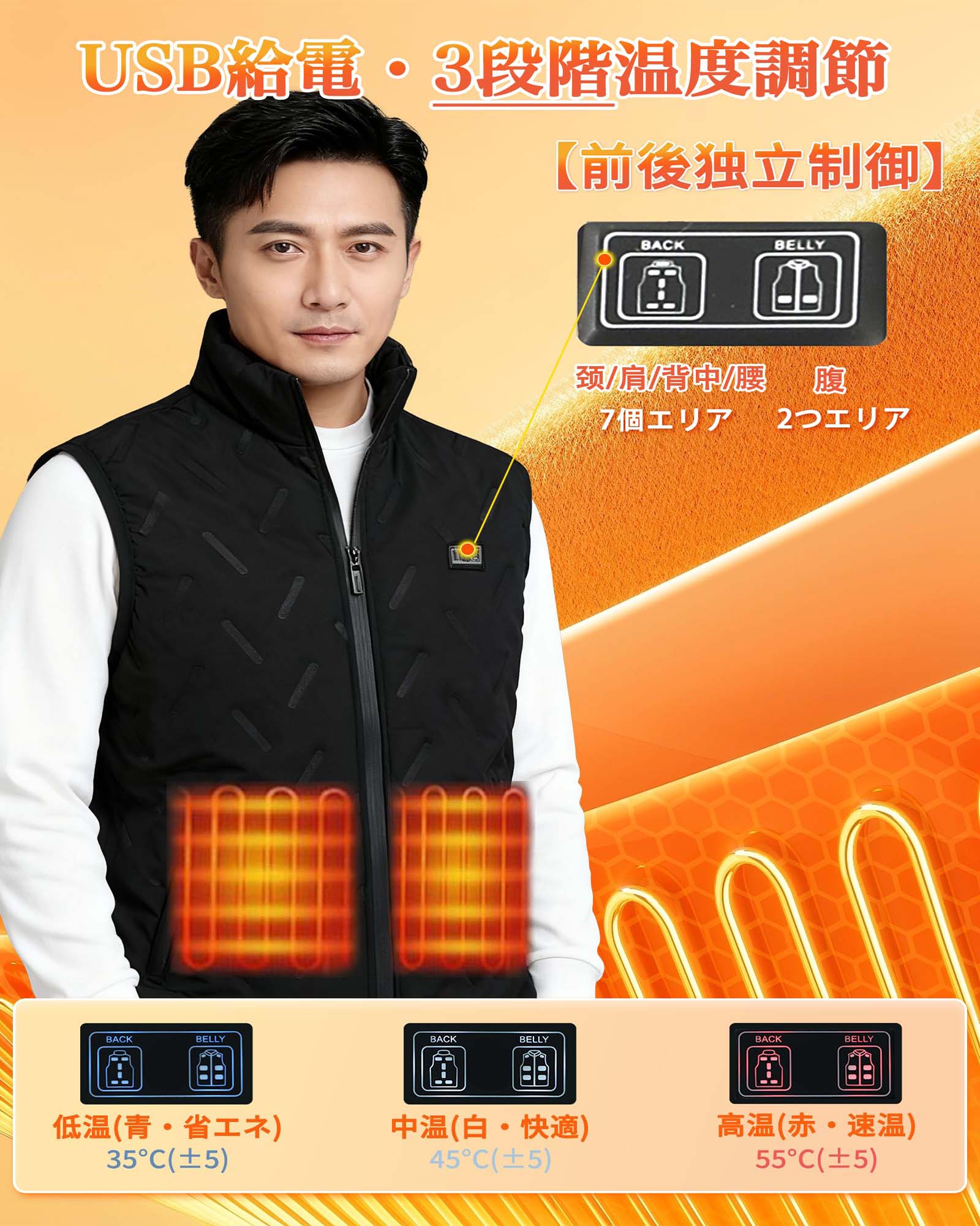 電熱ベスト 20000mAh大容量バッテリー付き 大きいサイズ M-5XL 9箇所