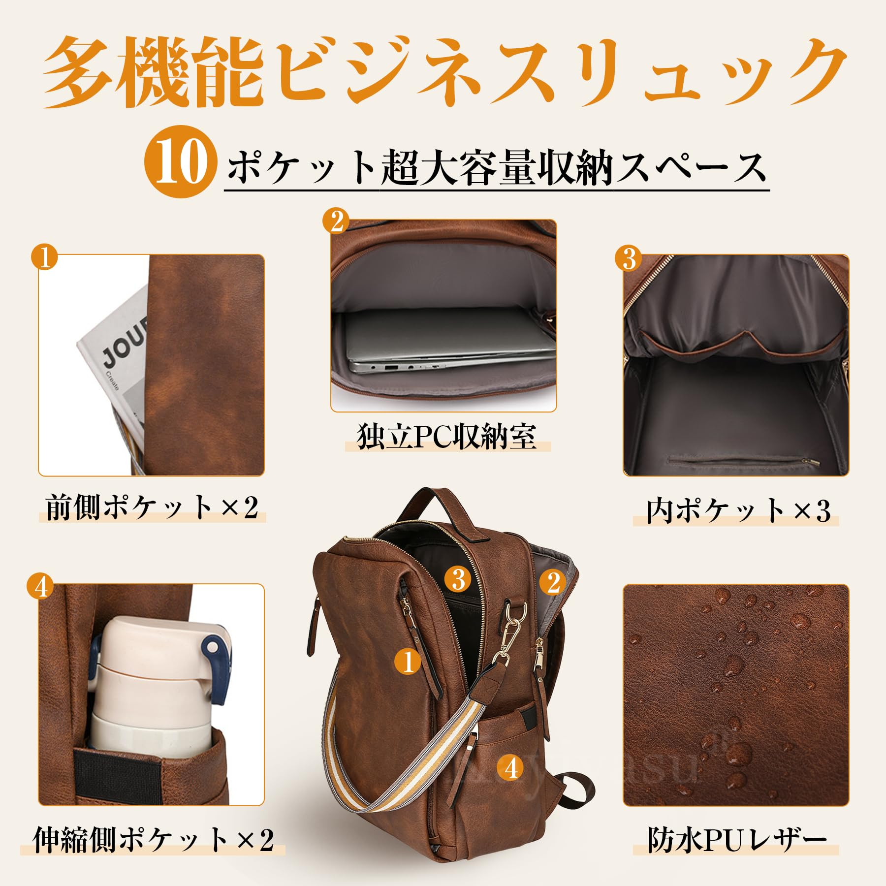リュック レディース ビジネスリュック 大容量 3way PUレザー 撥水 PC