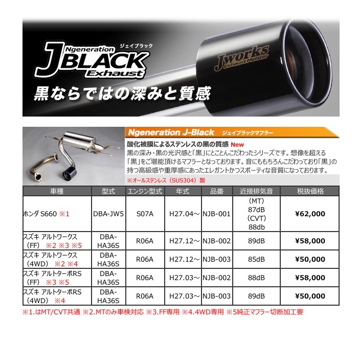 Jworks Ngeneration J-Black マフラー 【スズキ アルトターボRS