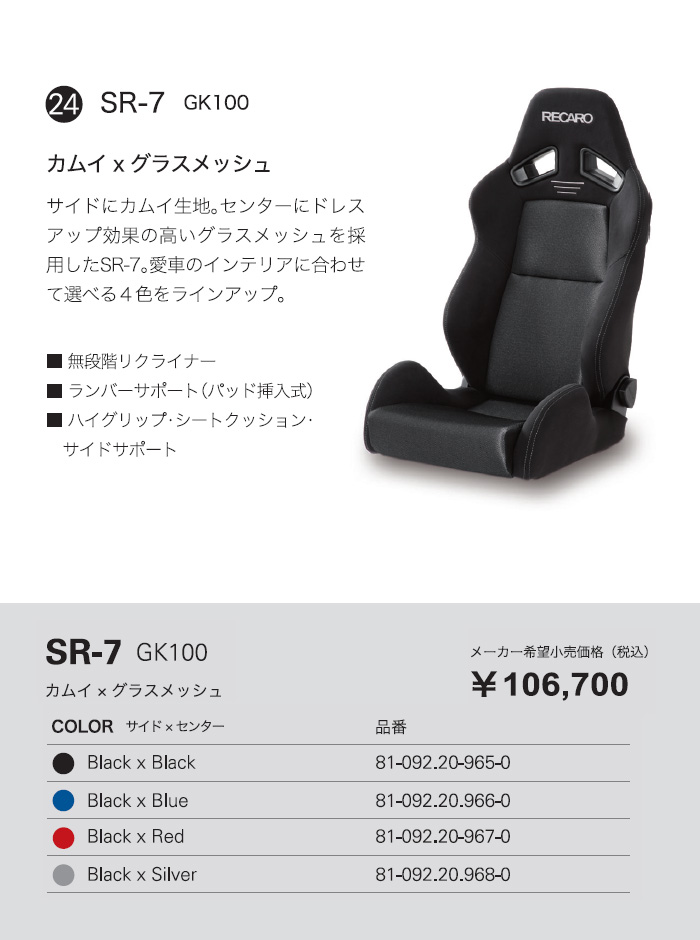 RECARO レカロ正規品 SR-7 GK100 ブラック×ブラック(ステッチ シート