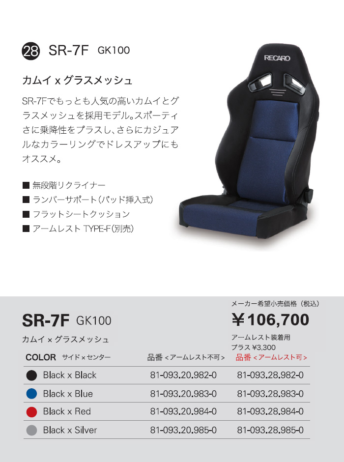 RECARO レカロ正規品 SR-7F GK100 ブラック×ブラック(ステッチ：シルバー)SBR(シートベルトリマインダー)対応品 :recaro -seat-0185:オートクラフト - 通販 - Yahoo!ショッピング