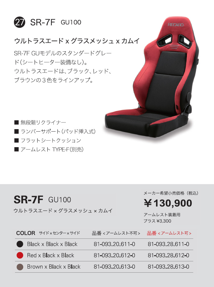 RECARO レカロ正規品 SR-7F GU100 ブラック×ブラック (アームレスト