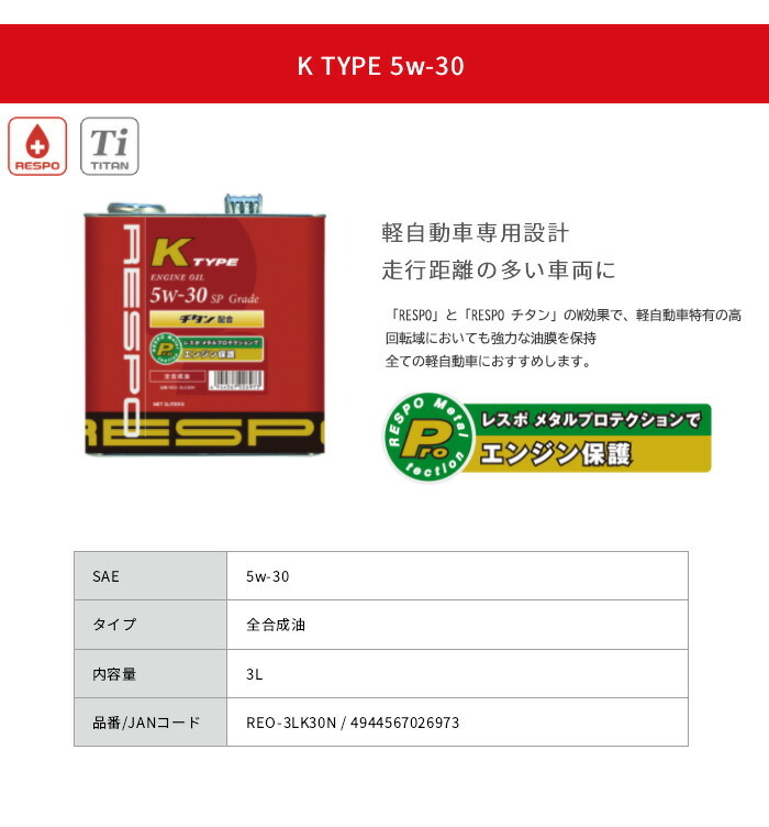 RESPO 正規販売店 日本製 レスポ TYPE 軽自動車専用 3L×3缶 K エンジンオイル 5W-40 スポーツ 粘弾性オイル Kタイプ  Sports