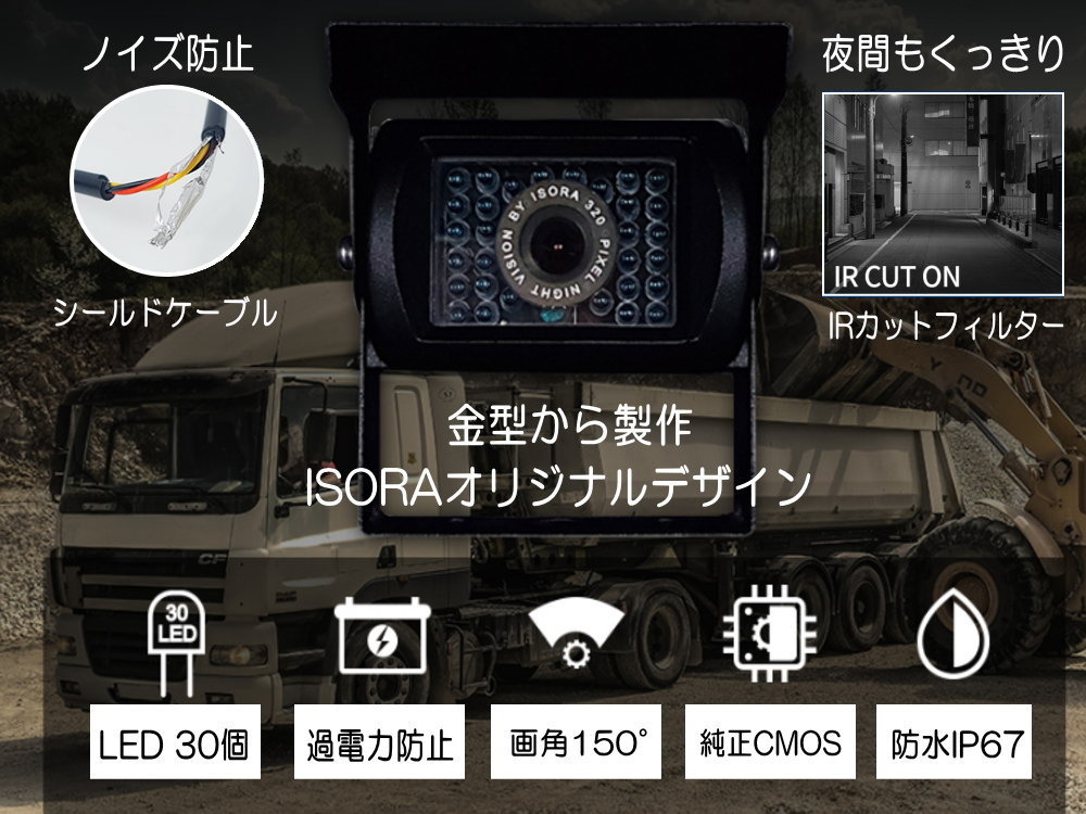バックカメラ (CMOS-B) トラック用 赤外線暗視機能 夜間対応 広角 視野角150° 防水IP67 CMOSセンサー 延長20ｍケーブル付属  後付け 車載 12V 24V ISORA製 :isora-backcamera-camos-b:auto parts osaka - 通販 -  Yahoo!ショッピング