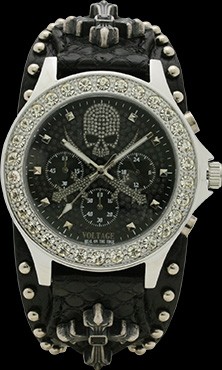 ヴォルテージ VOLTAGE 腕時計 メンズ クロノグラフ レザー クロス コンチョ 3色 ギラギラ スワロフスキー ボルテージ クオーツ 防水｜auto-parts｜02