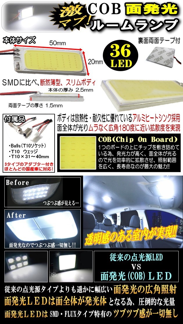 AUTOMAX izumi COB 36発LED 汎用 面発光ルームランプ白20mmx50mm取付