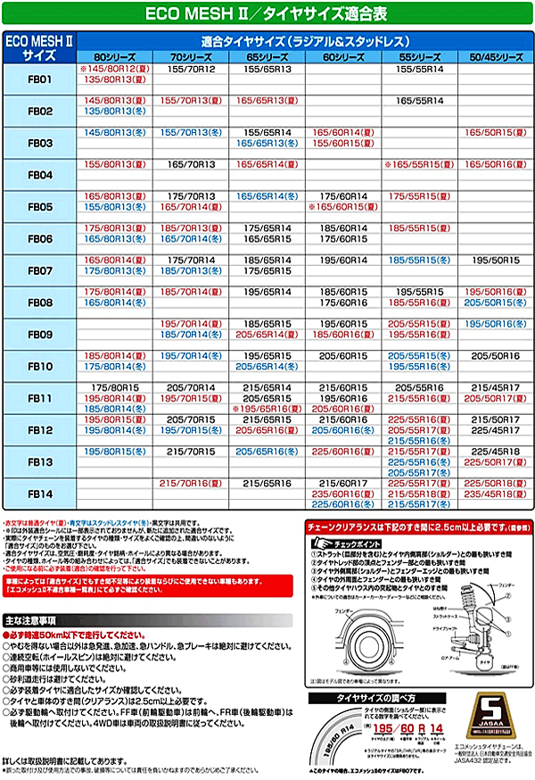 タイヤチェーン 非金属 FEC エコメッシュ２ FB14  215/70R16(夏),215/65R16,215/60R17,235/60R16,225/55R17(夏),225/50R18(夏),235/45R18(夏)  等 : 4937499001149 : オートワークヤフー店 - 通販 - Yahoo!ショッピング