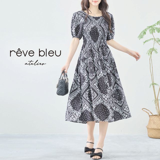 ワンピース 半袖 バンダナ柄 パフスリーブ シャーリング 膝下丈 春 夏