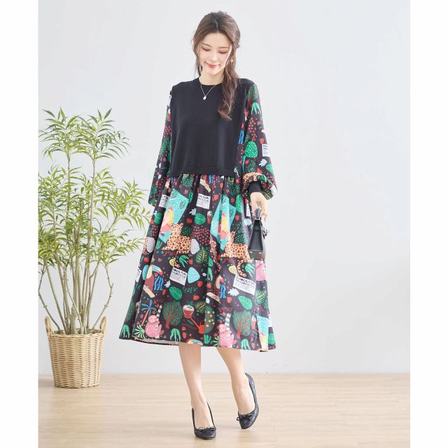 TRUBE ワンピース 長袖 チュニック 異素材切替 フレアー ミモレ丈