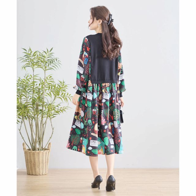 TRUBE ワンピース 長袖 チュニック 異素材切替 フレアー ミモレ丈